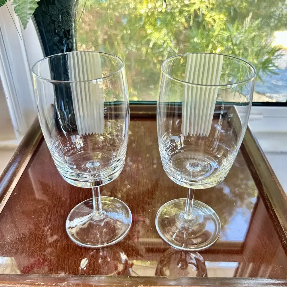 Pair of Vintage Stemmed Water Goblets with Vertical Frosted Stripes – 8” Tall